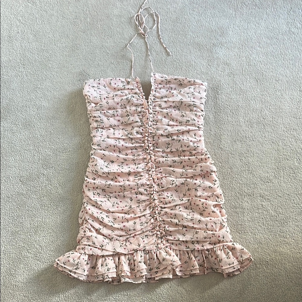 fab'rik Pink Floral Mini Dress Halter Style Size Medium Zippers